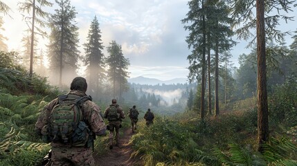 Group of Soldiers in Camouflaged Uniforms Navigating Through a Lush Forest Landscape with Misty Background and Sunlit Scrub