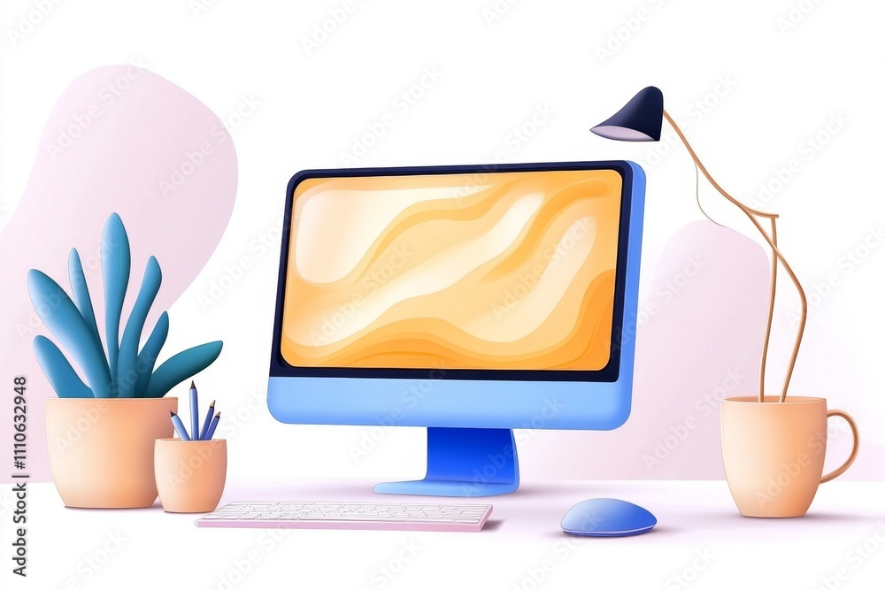 Poster A flat design of a computer monitor with a glowing screen, rendered in clean lines and soft gradients on a white background