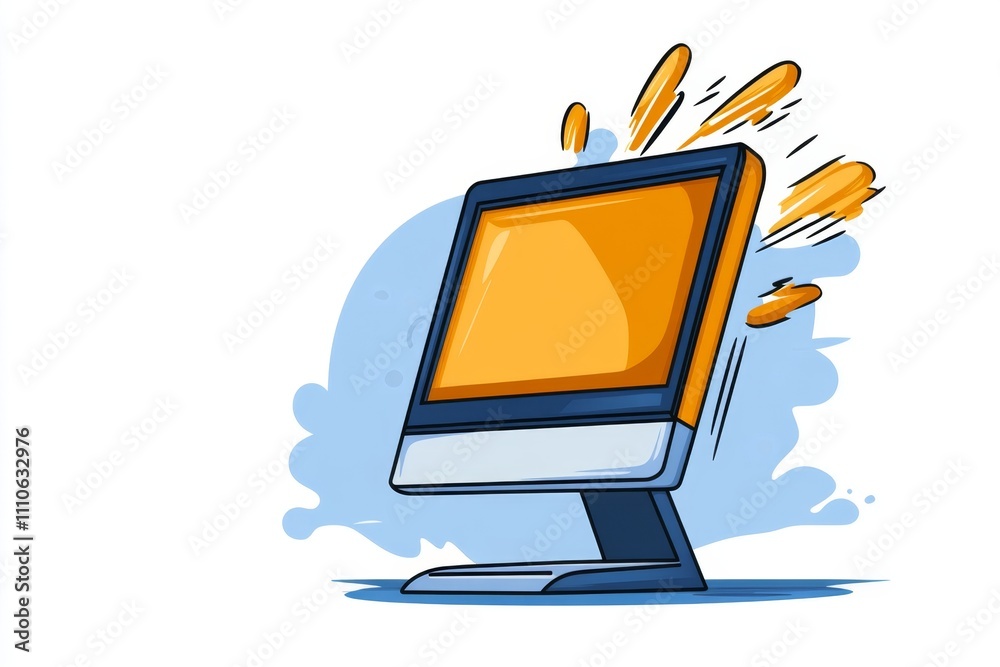 Poster A flat design of a computer monitor with a glowing screen, rendered in clean lines and soft gradients on a white background