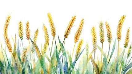 Fototapeta premium Yellow wheat stalks in a watercolor style with green foliage on a white background.
