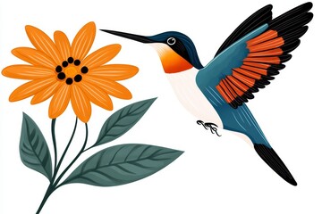 Fototapeta premium A flat design of a hummingbird hovering near a flower, with vibrant colors and clean lines