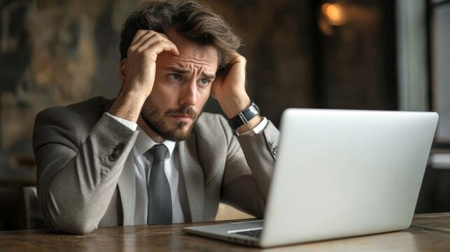 Stressed businessman reviewing work on his laptop