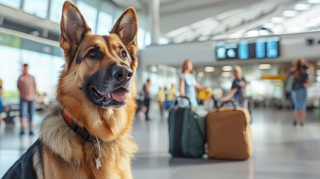 Impressive K9 Dog Performing Detection Task in Busy Airport Terminal with Luggage and Travelers in Background