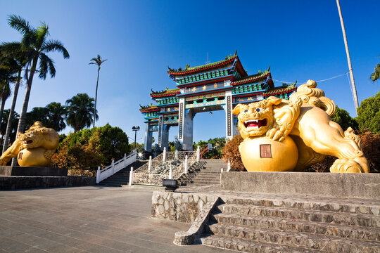 Hsinchu, Taiwan- October 25, 2012: Building view of the Baozhong Yimin Temple in Xinpu of Hsinchu, Taiwan. it's the biggest Hakka religious center in Taiwan.