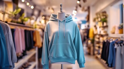 Stylish Light Blue Hoodie Displayed in Modern Retail Store Interior