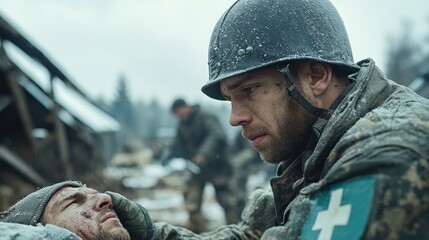 Military Medic Assisting Wounded Soldier in a Cold Environment with Snow and Debris, Evoking a Powerful Scene of Sacrifice and Compassion in Wartime Context