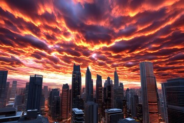 Obraz premium A futuristic sky filled with glowing neon clouds, casting vibrant colors over a high-tech cityscape