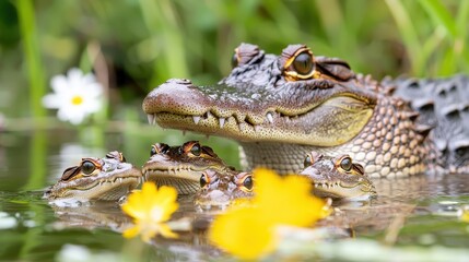 Fototapeta premium A Mother Crocodile Gently Protects Her Hatchlings in a Serene Water Environment Surrounded by Nature's Beauty and Flowers