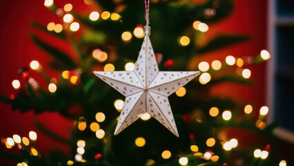 christmas tree decoration festive Christmas Star Ornament on a Vibrant Christmas Tree