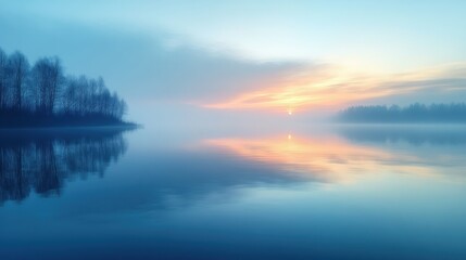 Fototapeta premium A serene landscape captures the tranquil beauty of a misty lake at sunrise, with soft pastel reflections creating a calming and ethereal visual experience