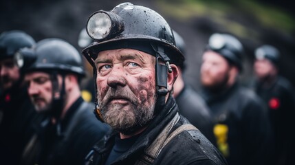 Naklejka premium Coal mining workers at a drill site, soft natural light, space on the right,generative ai illustration