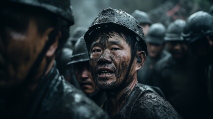 Coal mining workers at a drill site, soft natural light, space on the right,generative ai illustration