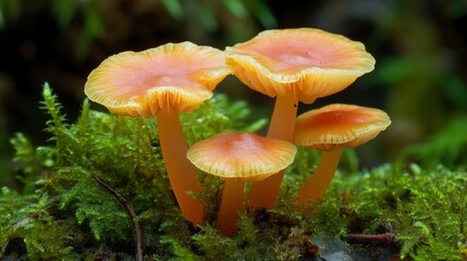 Orange Mushrooms Clustered Among Lush Green Moss