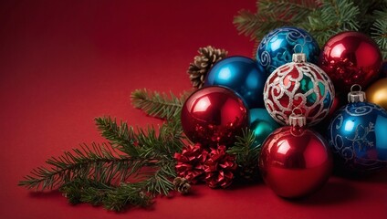 Obraz premium Christmas gift on a monochrome studio background, Christmas tree decorations. Gift box with ribbon, purple, green, red