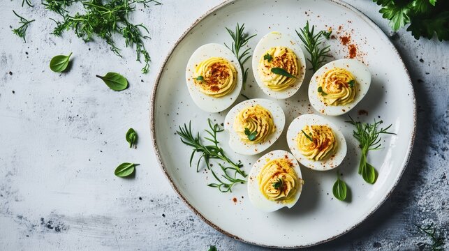 Deviled eggs garnished with fresh herbs and paprika on white plate