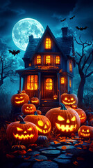 Haunted House Halloween Scene With Jack O Lanterns