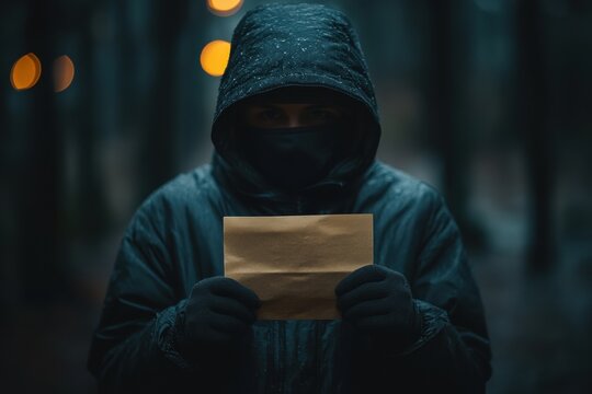 Mysterious hooded figure in a dimly lit forest holds a cryptic envelope, suggesting intrigue and secrecy in an enigmatic setting
