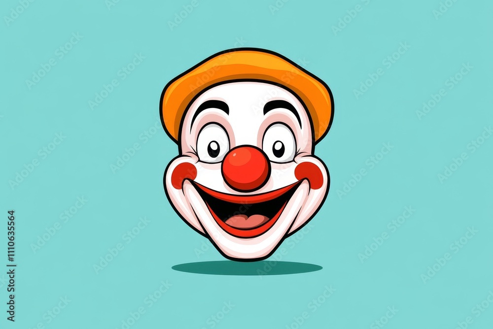 Poster a minimalist graphic of a clown face, drawn in simple geometric shapes with a bright red nose as the