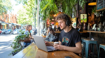 Naklejka premium Young adult man enjoying coffee at a bustling cafe while working on his laptop and wearing headphones, surrounded by greenery and lively atmosphere