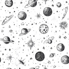 Hand Drawn Space Planets Seamless Pattern seamless, pattern, background, texture
