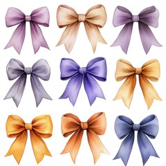 Collection of colorful decorative bows in various styles and colors on a white isolated background.