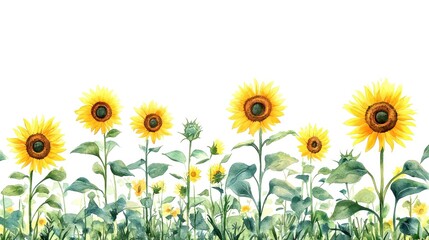 A vibrant row of sunflowers with bright yellow petals against a white background, showcasing nature's beauty.