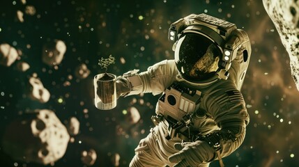 Fototapeta premium Astronaut floating in space holding a transparent container with a small plant, symbolizing life on an asteroid, surrounded by distant stars and a large asteroid in the background.