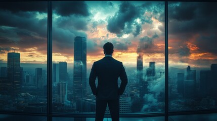 Fototapeta premium Businessman Contemplates Cityscape at Sunset