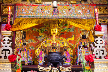 The main hall of the Great Mazu Temple in Tainan, Taiwan, enshrined statues of Mazu. the Mazu is a...