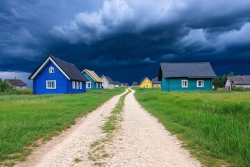 Fototapeta premium A photo of thick, dark clouds approaching a small, colorful countryside village, signaling a storm