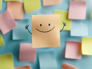 Concept of work notes and motivational phrases. Happy sticky note among colorful reminders