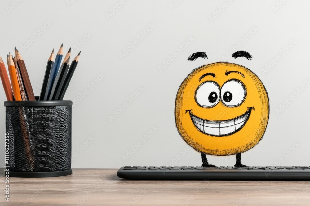 Poster A playful 2D illustration of a computer monitor with a cartoonish smiling face on the screen, drawn on a white background
