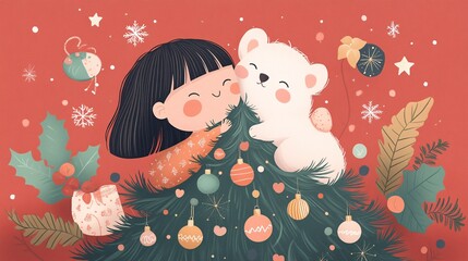 illustration of girl and dog on top of Christmas tree, decorated with colorful lights and ornaments;. merry christmas poster, 