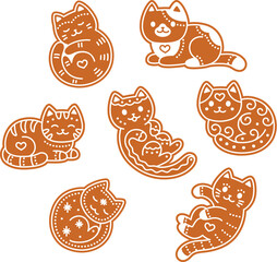 Set of cute cartoon gingerbread cat cookies. Simple, adorable hand drawn doodles. Christmas vector illustration.
