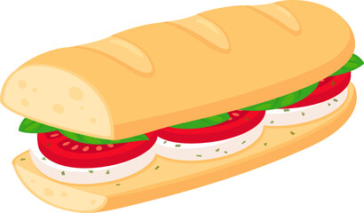 Sub style Caprese sandwich with mozzarella cheese, tomato and basil. Isolated vector clip art illustration.