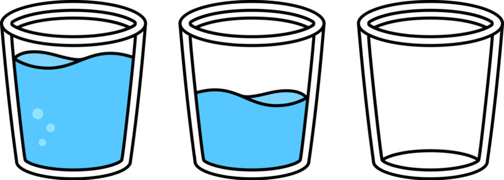 Three glasses of water: empty, half full and full. Cartoon doodle line icon, isolated vector clipart illustration.
