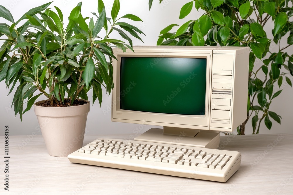 Poster a retro computer from the 1980s, with a monochrome green screen, floppy disks, and a chunky keyboard