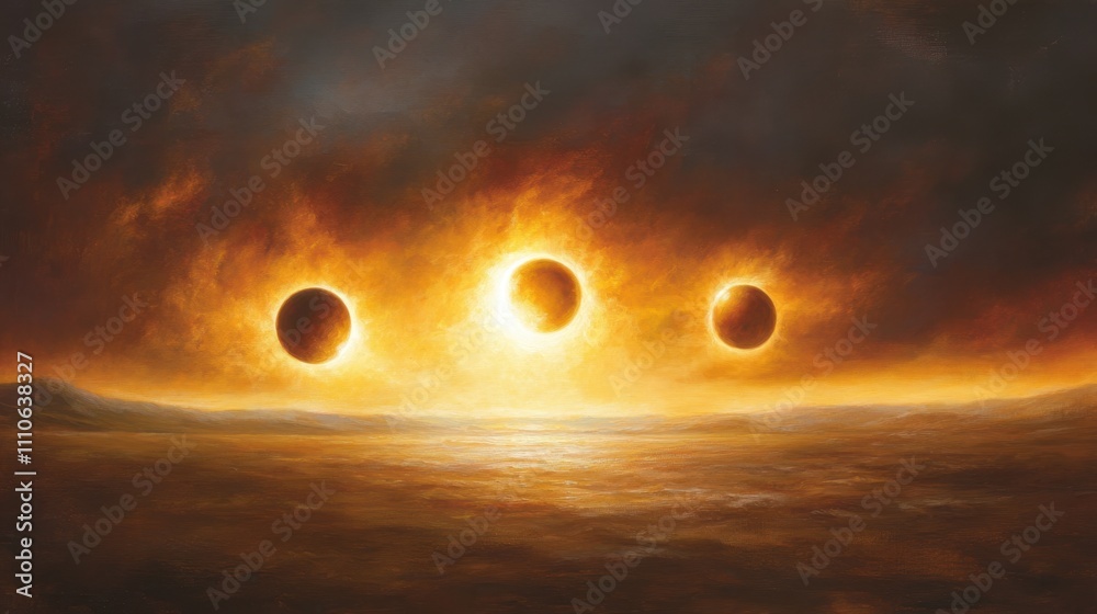 Poster celestial alignment at dusk over a tranquil ocean landscape with three suns glowing