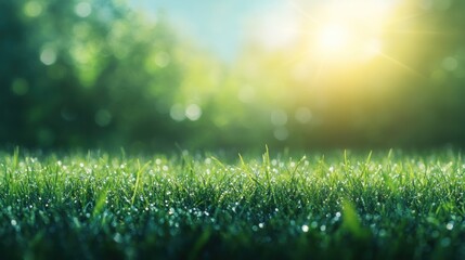 Naklejka premium Morning dew on lush green grass nature tranquil setting close-up view serenity and freshness concept