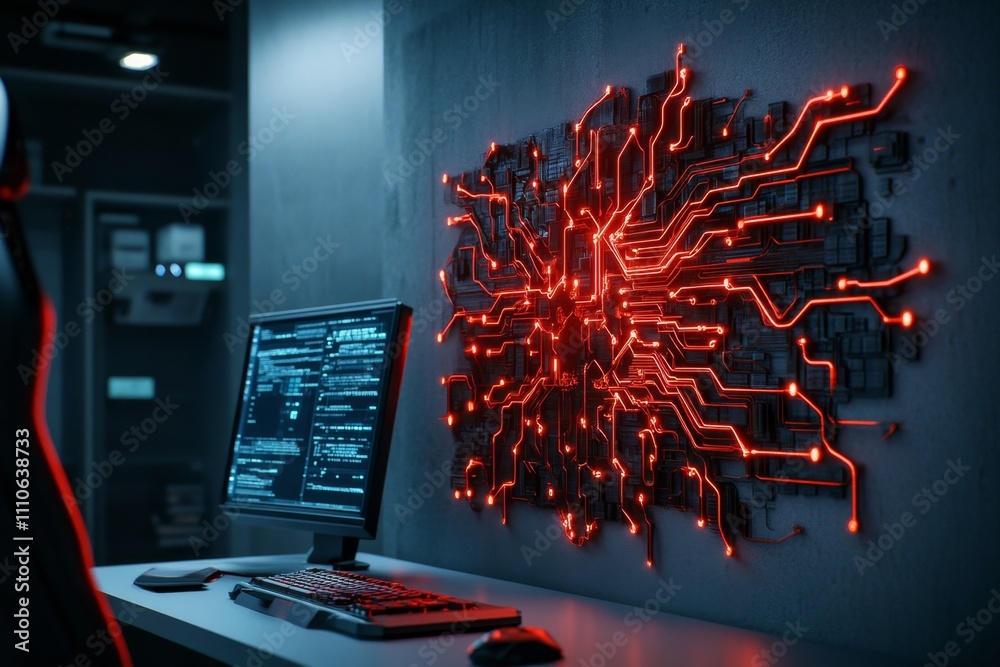 Aufkleber A shadowy depiction of a computer with glowing red circuitry, surrounded by eerie digital symbols in a dark room