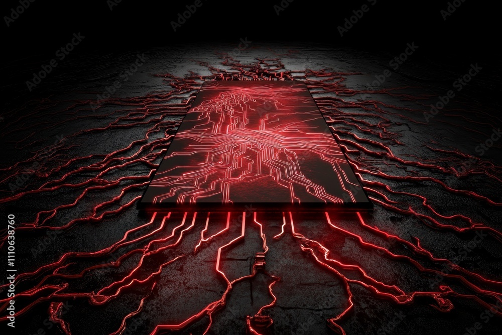 Aufkleber a shadowy depiction of a computer with glowing red circuitry, surrounded by eerie digital symbols in