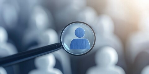 A magnifying glass shining on a blue avatar icon in a crowd blur human icon