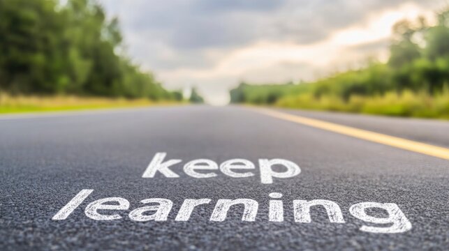 A photo of the text keep learning written on an empty road with cloudy sky.