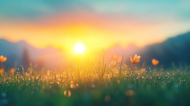 Sunrise over dew-kissed meadows tranquil landscape nature serene environment viewpoint renewal concept