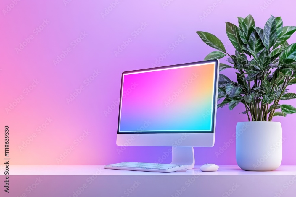 Poster A sleek modern desktop computer on a minimalist desk, with a glowing screen displaying a vibrant interface