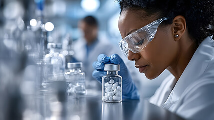 Female scientist examining a vial of white pills in a laboratory environment