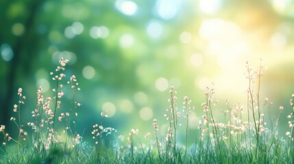 Fototapeta premium Sunlit wildflower meadow nature scene outdoor serenity landscape panoramic view tranquil essence for relaxation