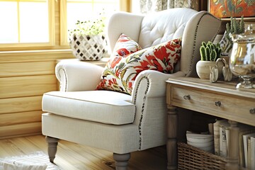 White Wingback Chair With Floral Pillows In A Sunny Room