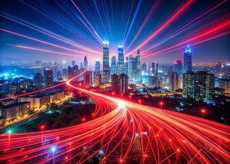 Fototapeta premium Captivating Double Exposure Photography of Red Glowing Fiber Optic Cables Illuminating a Futuristic Cityscape at Night with a Starry Sky Backdrop