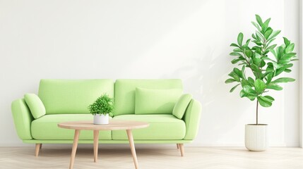 Living room interior with a light green sofa, wooden coffee table, and plants in modern home decor.